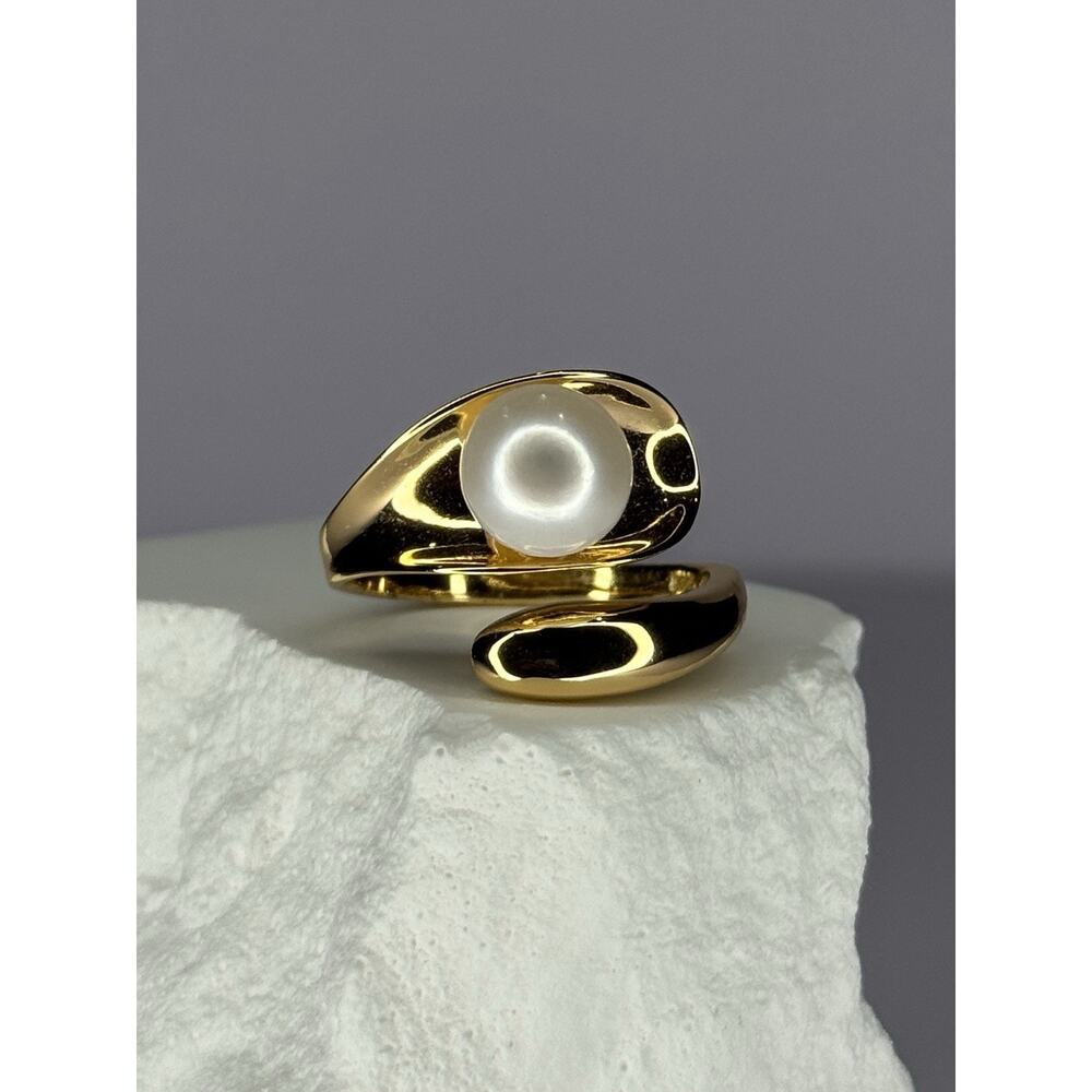 925 Sterling Silver Gold Plated Pearl Ring Size Adjustable